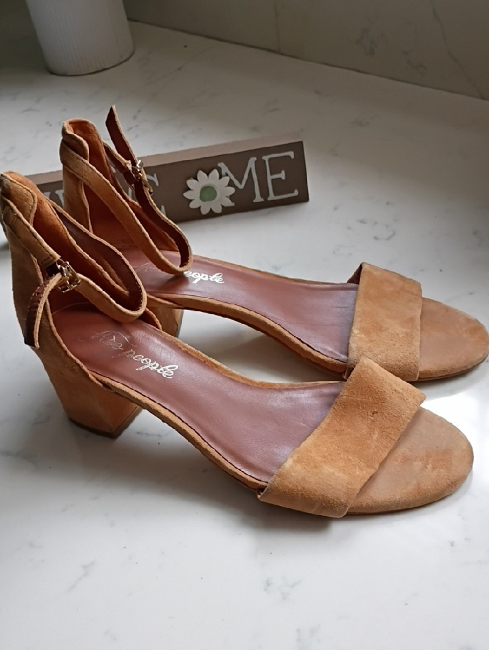 FREE PEOPLE Suede Ankle-Strap Block Heel Sandals - Tan